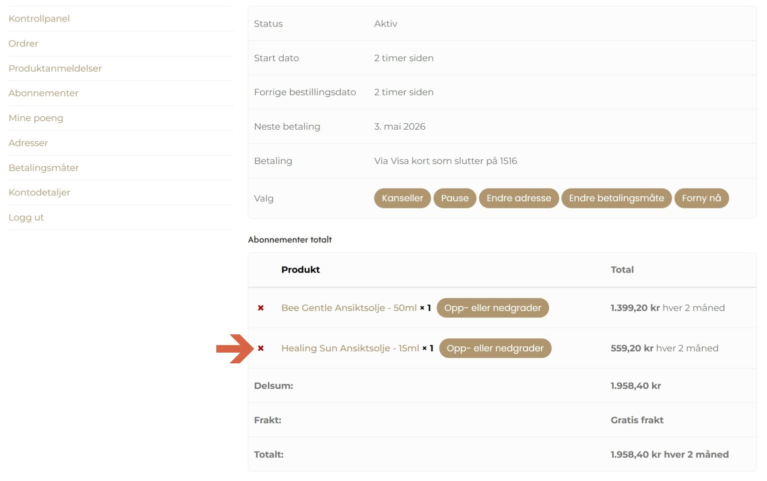 Fjerne produkt fra aktivt abonnement